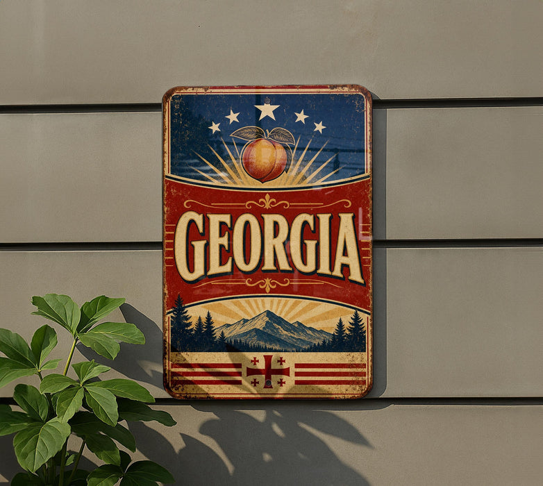 A vintage-style metal sign with the word "GEORGIA" prominently displayed, featuring a peach, sun, and mountain landscape.