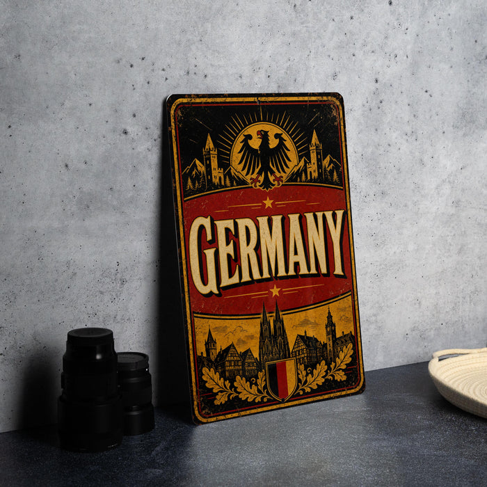 A vintage-style metal sign with the word "GERMANY" prominently displayed, featuring an eagle and a castle-like structure. The sign is placed on a gray surface, with some black objects, such as a stack of cups, visible in the background.