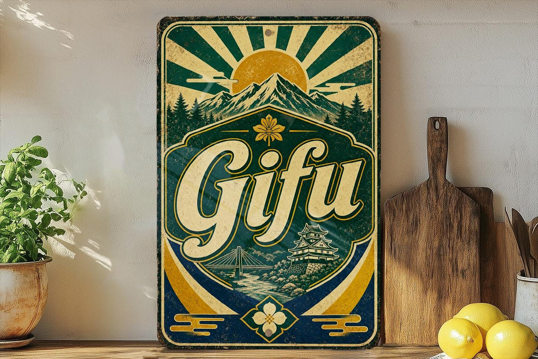A vintage-style metal sign with a sun and mountain design, featuring the word "Gifu" prominently displayed.