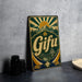 A vintage-style metal sign with the word "Gifu" prominently displayed, featuring a sunburst design and a mountain landscape.