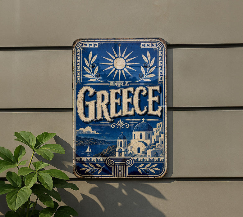 a blue and white sign with the word "Greece" prominently displayed, along with a sun and olive tree design.