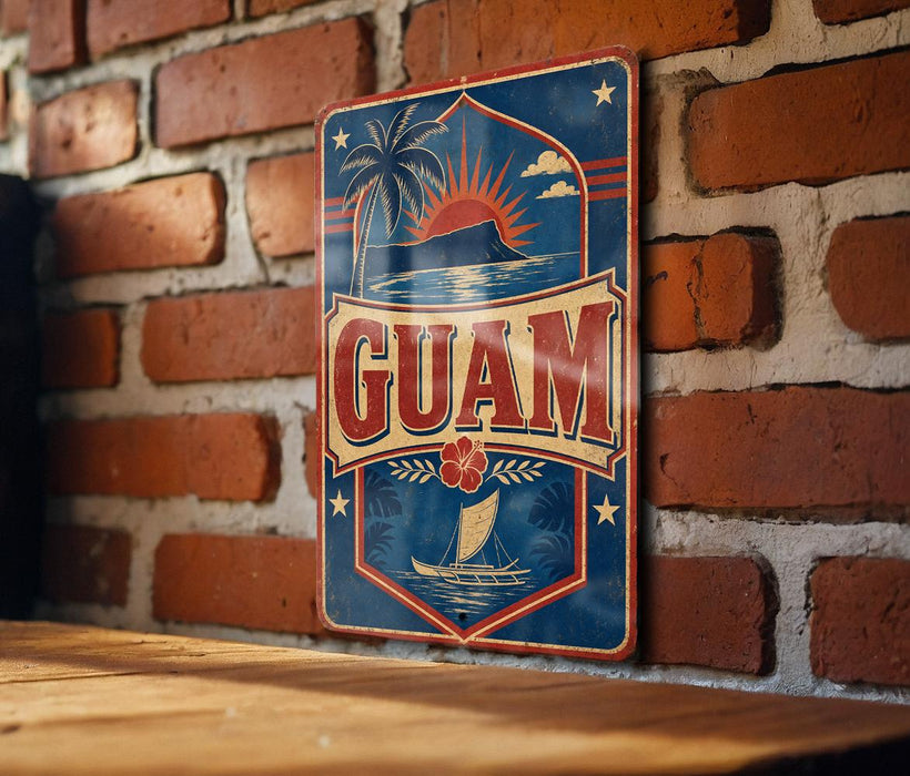 A vintage-style metal sign with the word "GUAM" prominently displayed, featuring a palm tree, sun, and a ship, mounted on a brick wall.