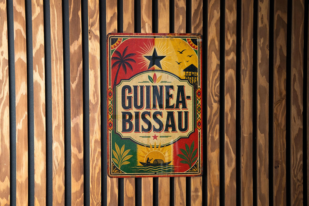 A vintage-style metal sign with the text "GUINEA-BISSAU" displayed on a wooden wall.