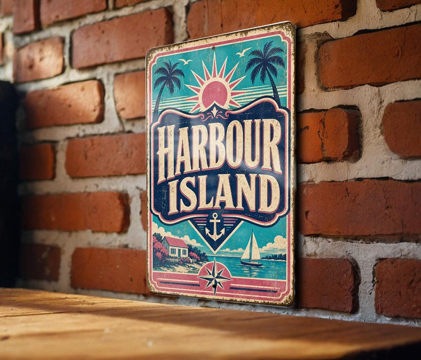 A vintage metal sign with the text "HARBOUR ISLAND" is displayed on a brick wall, featuring a sailboat and palm trees.