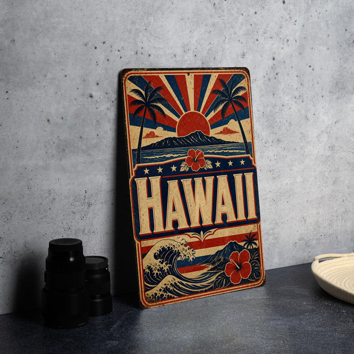 A vintage-style metal sign with the word "Hawaii" prominently displayed, featuring a tropical landscape with palm trees, a sun, and a wave.