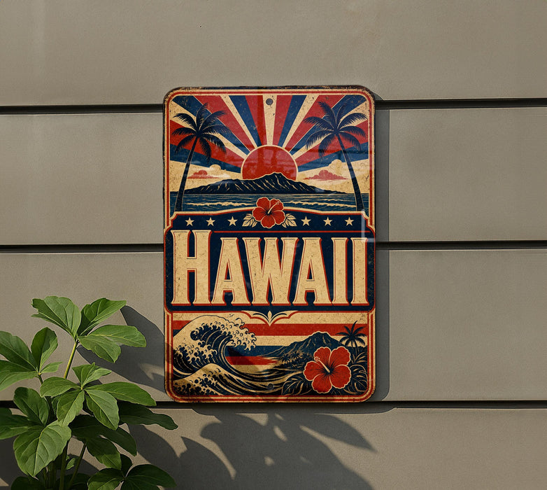A vintage-style metal sign with the word "HAWAII" prominently displayed, featuring a tropical landscape with palm trees, a sun, and a wave.