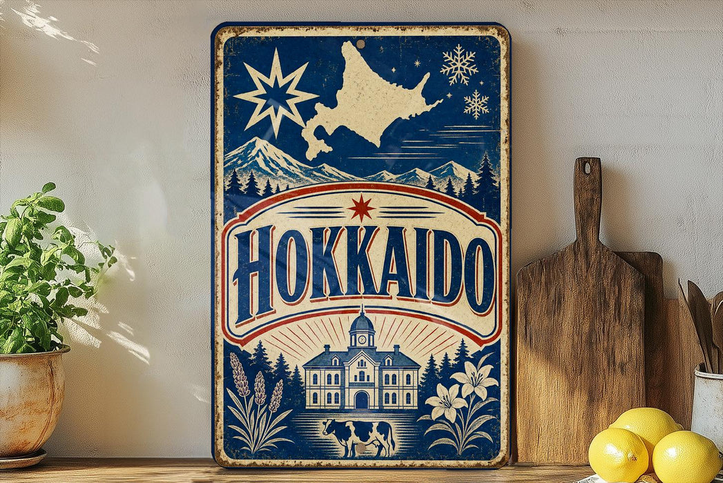 A vintage-style sign for "Hokkaido" is displayed on a shelf, featuring a star, snowflakes, and a building.