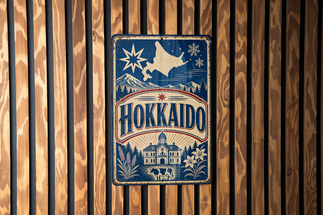 A vintage-style metal sign with the word "Hokkaido" prominently displayed, featuring a star and snowflake design, and a depiction of a building and landscape.