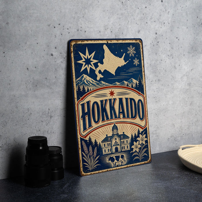 A vintage-style metal sign with the name "Hokkaido" prominently displayed, featuring a star and snowflake design, along with a small illustration of a building and a cow.
