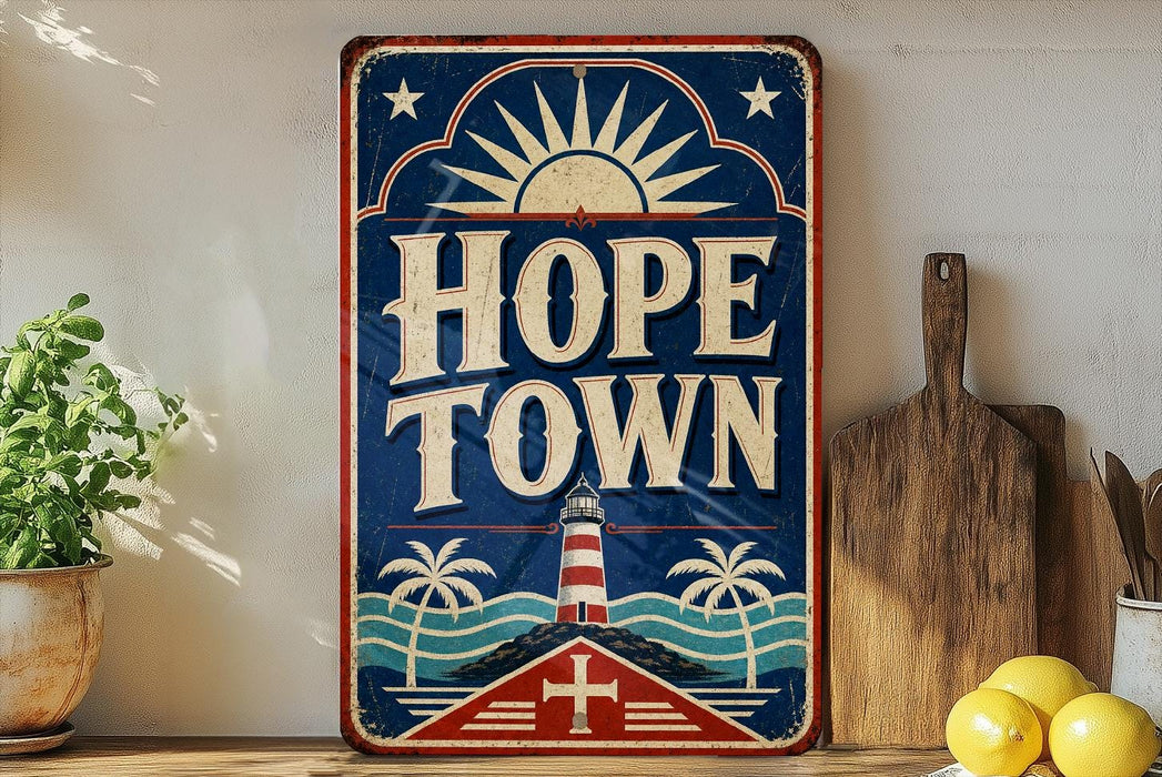 A vintage-style sign for "Hope Town" with a lighthouse and palm trees, placed on a shelf next to a wooden cutting board and some lemons.