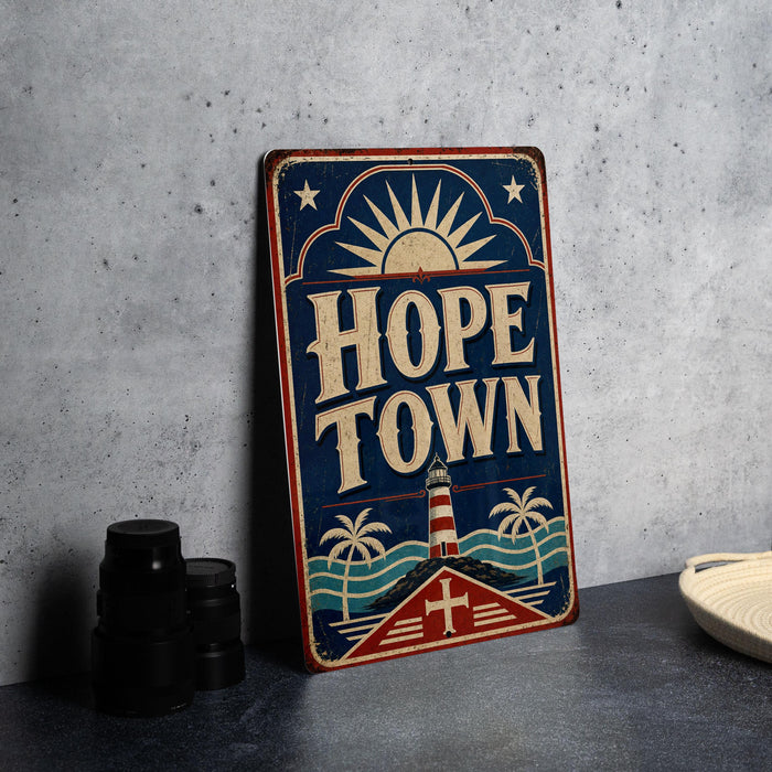 A vintage-style metal sign with the text "HOPE TOWN" displayed prominently, featuring a lighthouse and sun design.