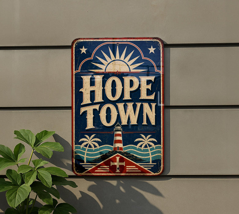A vintage-style sign for "Hope Town" mounted on a wall, featuring a lighthouse, palm trees, and a sun.