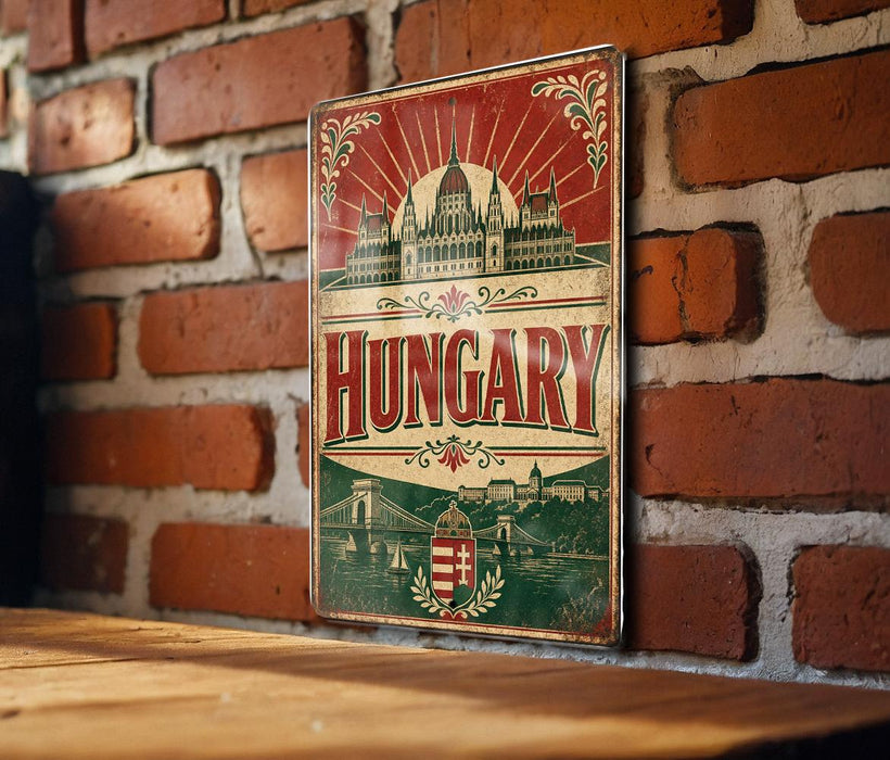 A vintage-style metal sign with the word "HUNGARY" prominently displayed, featuring a castle and other landmarks in the background.