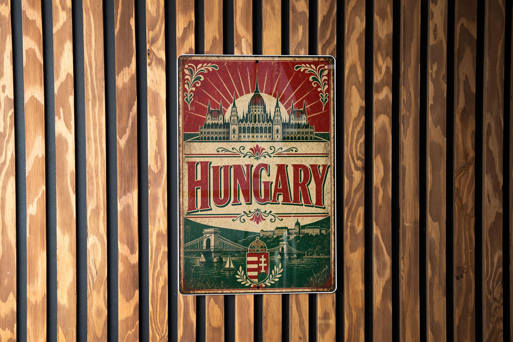 A vintage-style metal sign with the word "Hungary" prominently displayed, featuring a castle and other architectural elements.