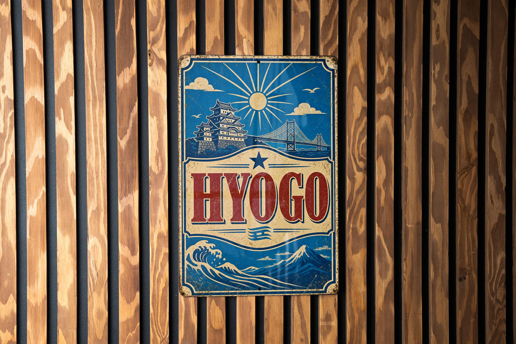 A vintage-style metal sign with the word "HYOGO" prominently displayed, featuring a castle, bridge, and sun in the background.