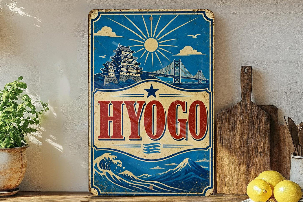 A vintage-style metal sign with a blue background and a castle illustration, along with a bridge and sun, is displayed on a shelf next to a wooden cutting board and some lemons.