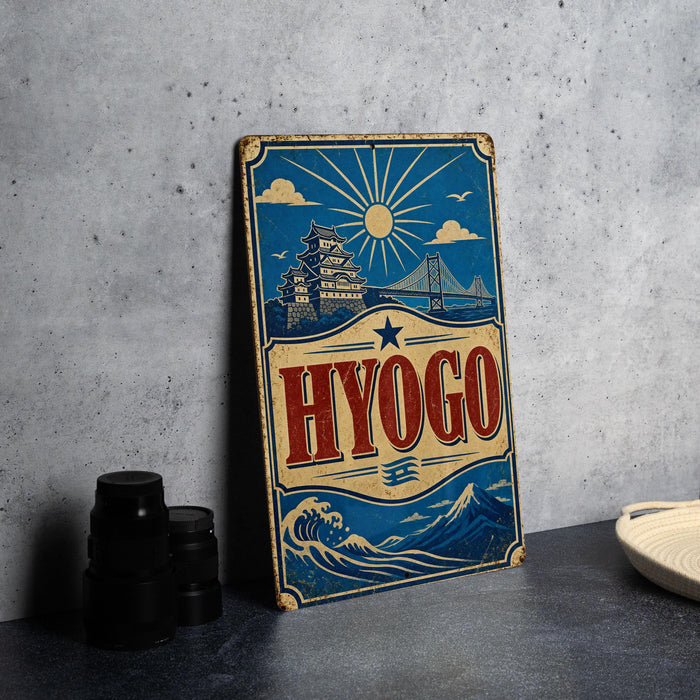 A vintage-style metal sign with the word "HYOGO" prominently displayed, featuring a castle, bridge, and waves in the background.
