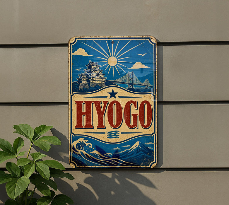 A vintage-style sign for Hyogo, a city in Japan, featuring a castle, bridge, and waves.