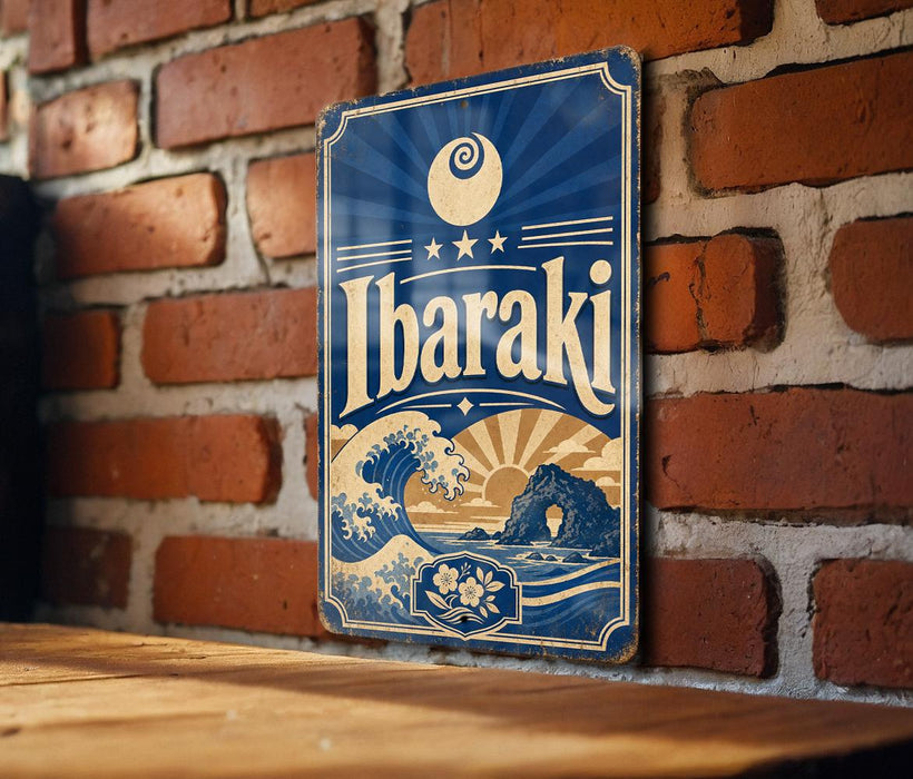A vintage-style metal sign with the word "Ibaraki" displayed prominently, featuring a wave and a sun design. The sign is mounted on a brick wall, and there is a wooden table below it.