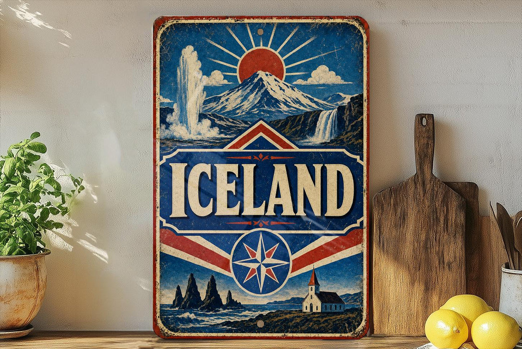 A vintage-style sign for Iceland, featuring a mountain landscape with a waterfall, a sun, and a red and blue border.