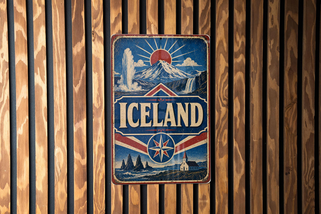 A vintage-style sign with the word "ICELAND" prominently displayed, featuring a mountain landscape and a sunburst design.
