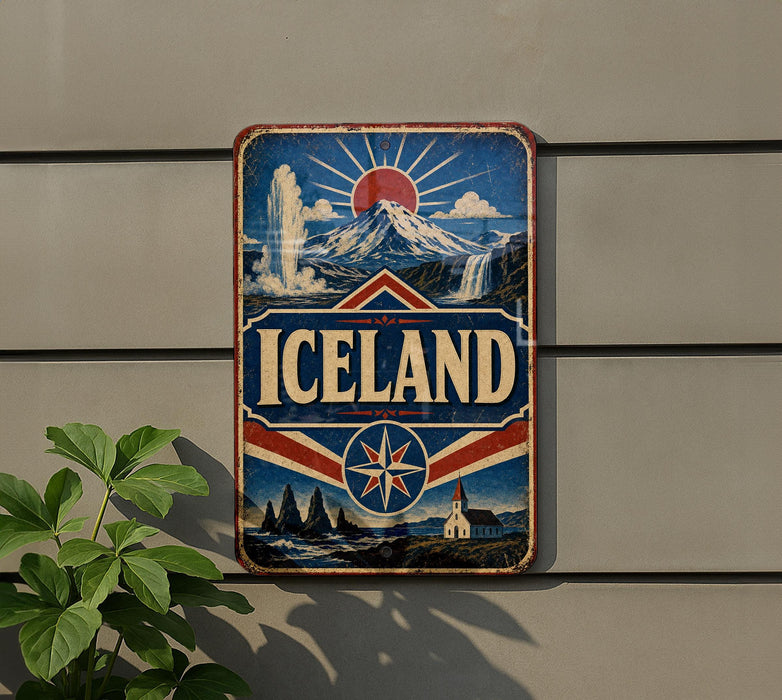 a vintage-style sign with the word "ICELAND" prominently displayed, along with a mountain and waterfall scene.
