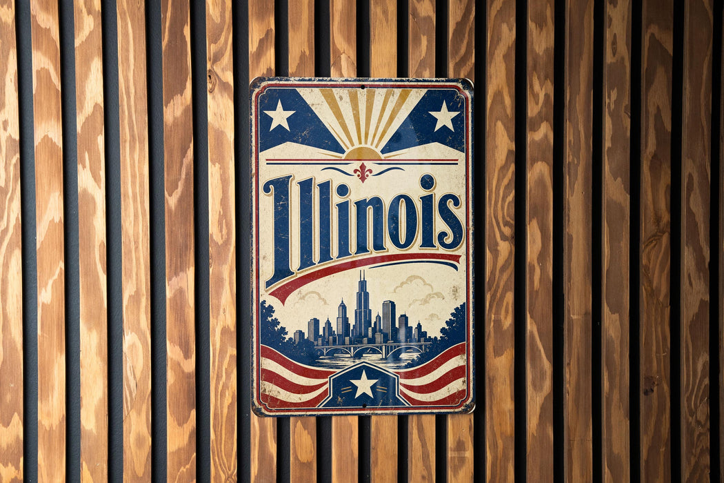 A vintage-style sign that reads "Illinois" is displayed on a wooden wall.