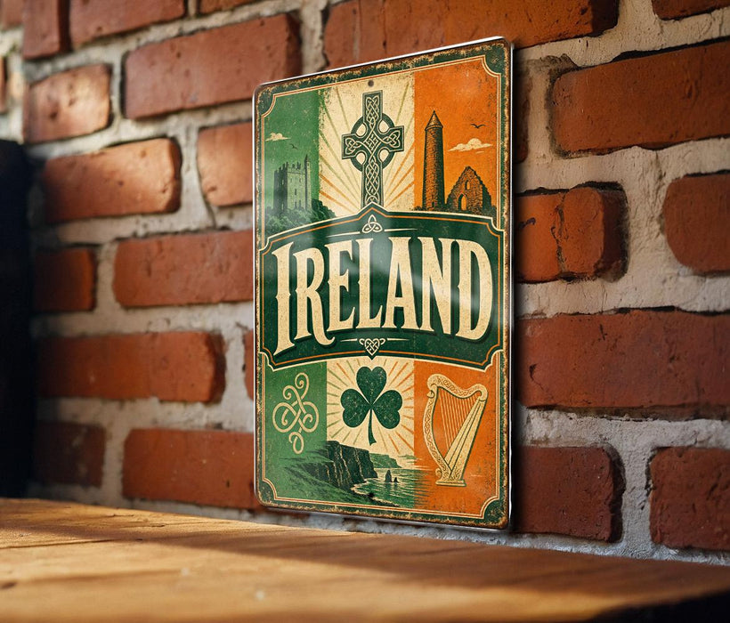 A vintage-style metal sign with the word "IRELAND" prominently displayed, featuring various Irish symbols and landmarks such as a harp, a shamrock, and a castle.