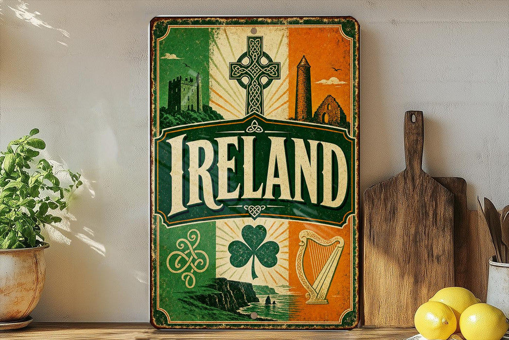 a vintage-style sign with the word "IRELAND" prominently displayed, surrounded by various Irish symbols and landmarks.