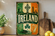 a vintage-style sign with the word "IRELAND" prominently displayed, surrounded by various Irish symbols and landmarks.