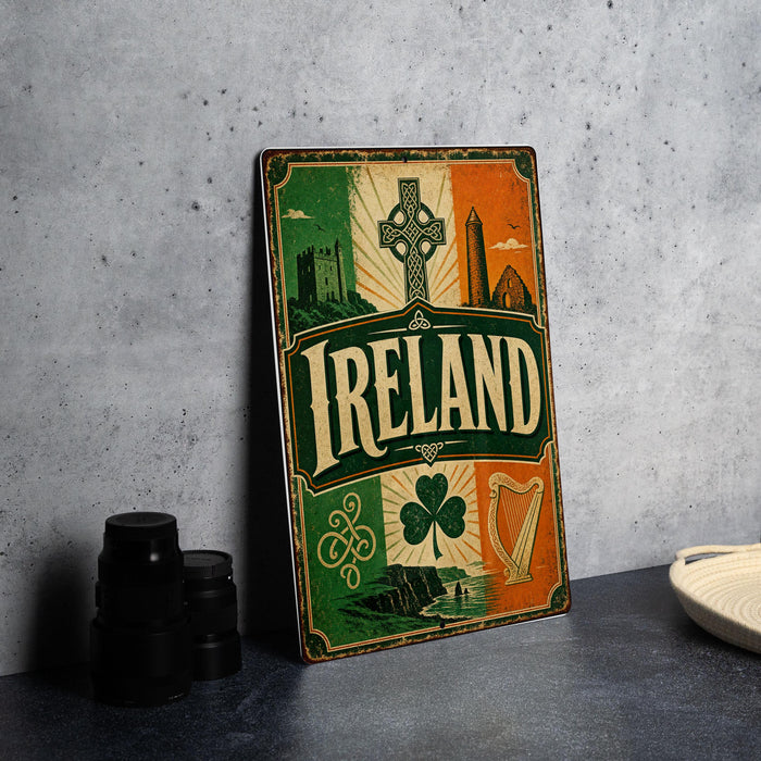 A vintage-style metal sign with the word "IRELAND" prominently displayed, featuring various Irish symbols and landmarks such as a castle, a harp, and a shamrock.
