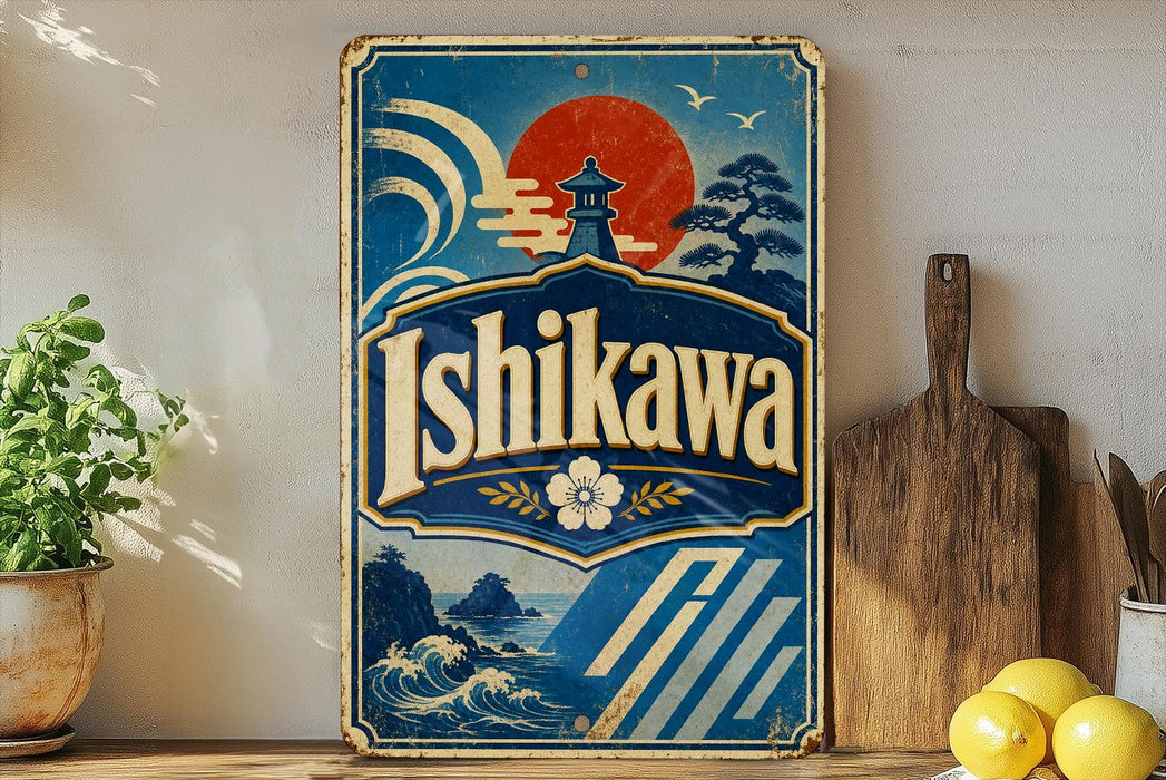 A vintage-style sign for "Ishikawa" is displayed on a shelf, surrounded by various kitchen items such as a potted plant, a wooden cutting board, and a bowl of lemons.