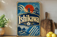 A vintage-style sign for "Ishikawa" is displayed on a shelf, surrounded by various kitchen items such as a potted plant, a wooden cutting board, and a bowl of lemons.