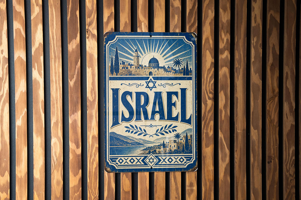 A vintage-style metal sign with the word "ISRAEL" prominently displayed, featuring a sunburst design and images of landmarks and architecture.
