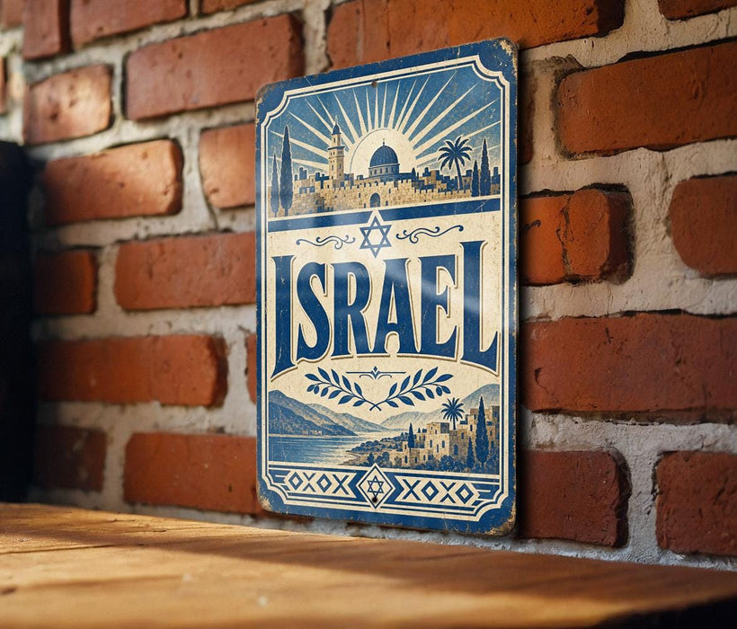 a vintage-style metal sign with the word "ISRAEL" prominently displayed, hanging on a brick wall.