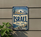 a vintage-style sign with the word "ISRAEL" prominently displayed, surrounded by a sunburst design and various architectural elements.