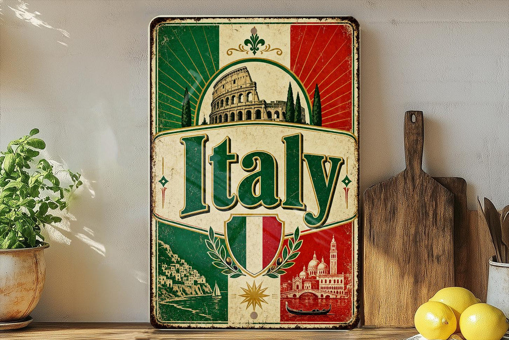 A vintage-style metal sign with the word "Italia" prominently displayed, featuring a collage of images related to Italy, such as landmarks, landscapes, and traditional Italian cuisine.