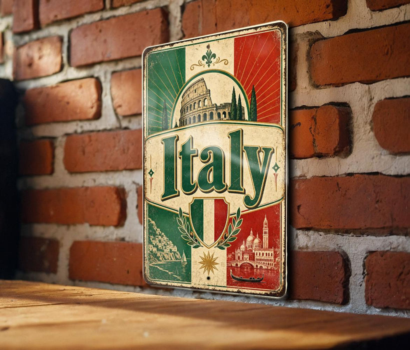A vintage-style metal sign with the word "Italia" prominently displayed, featuring a combination of green, red, and white colors, along with images of landmarks and scenery associated with Italy.