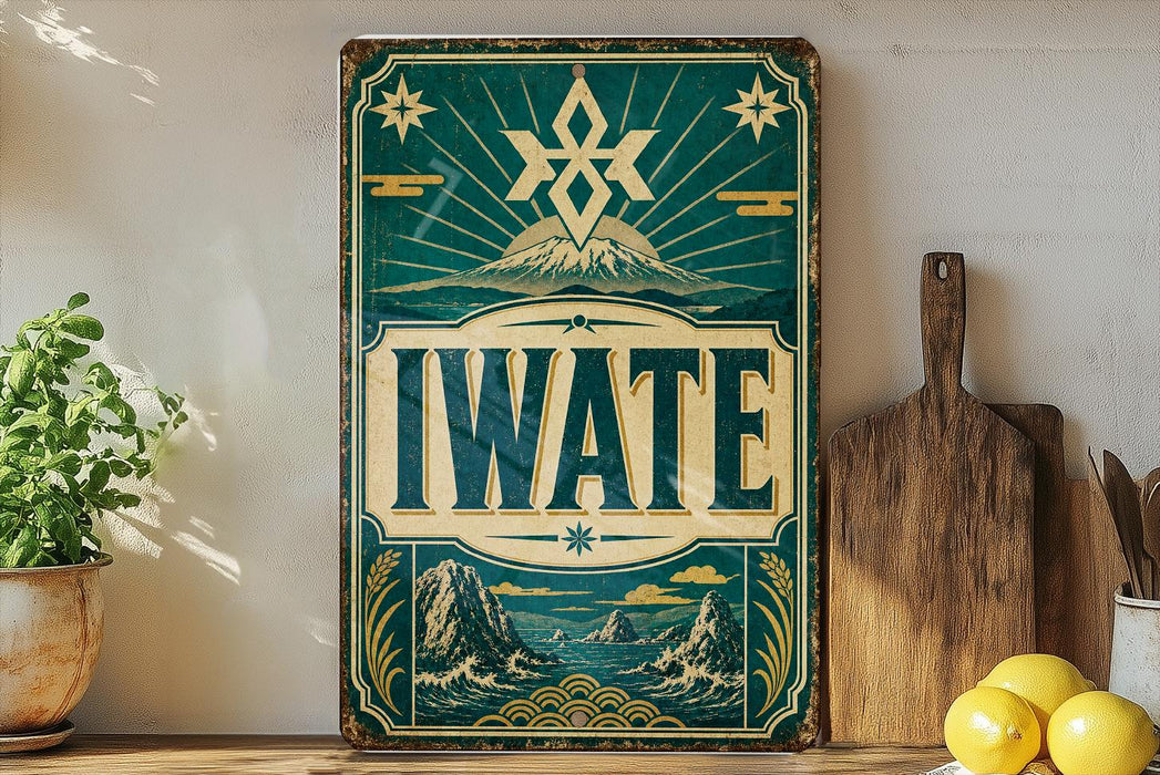 A vintage-style sign with the word "IWATE" prominently displayed, featuring a mountain landscape and a star design. The sign is mounted on a wall, and there are some kitchen utensils and a potted plant visible in the foreground.