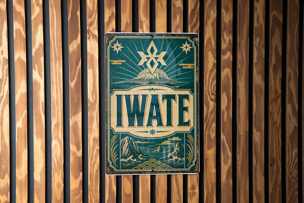A vintage-style sign with the word "IWATE" prominently displayed, mounted on a wooden wall.