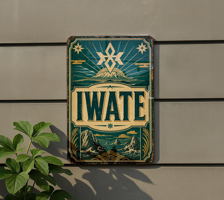 a vintage-style sign with the word "IWATE" prominently displayed, mounted on a wall.