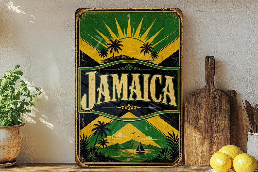 A vintage Jamaica-themed metal sign is displayed on a shelf, surrounded by kitchen utensils and a potted plant.