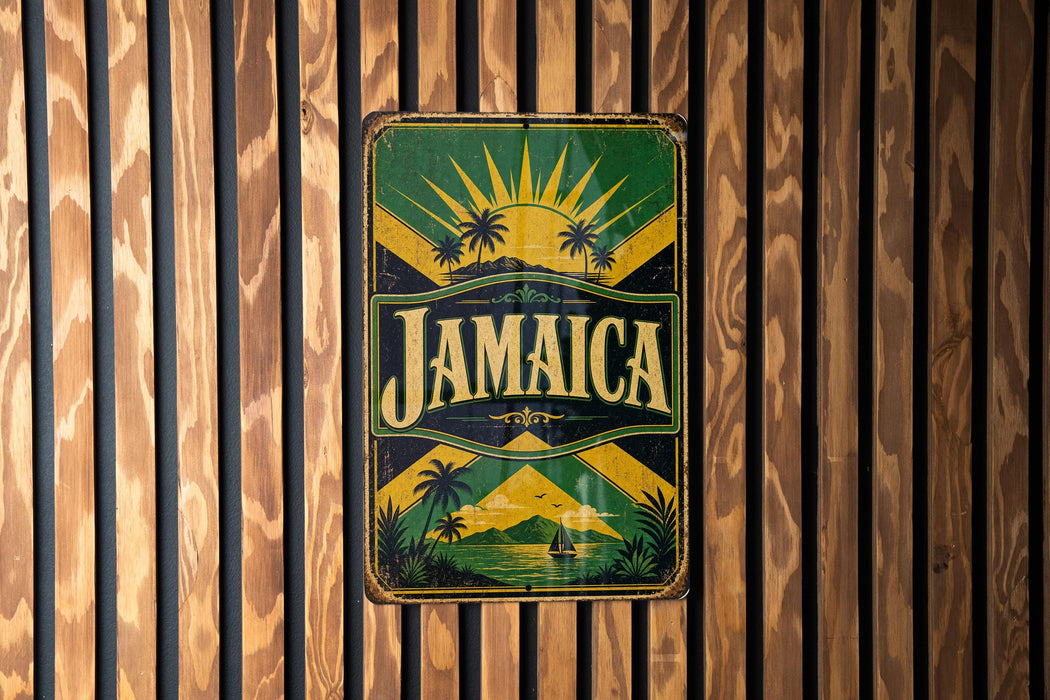 A vintage-style metal sign with the word "Jamaica" prominently displayed, featuring a tropical landscape with palm trees and a sunburst design.