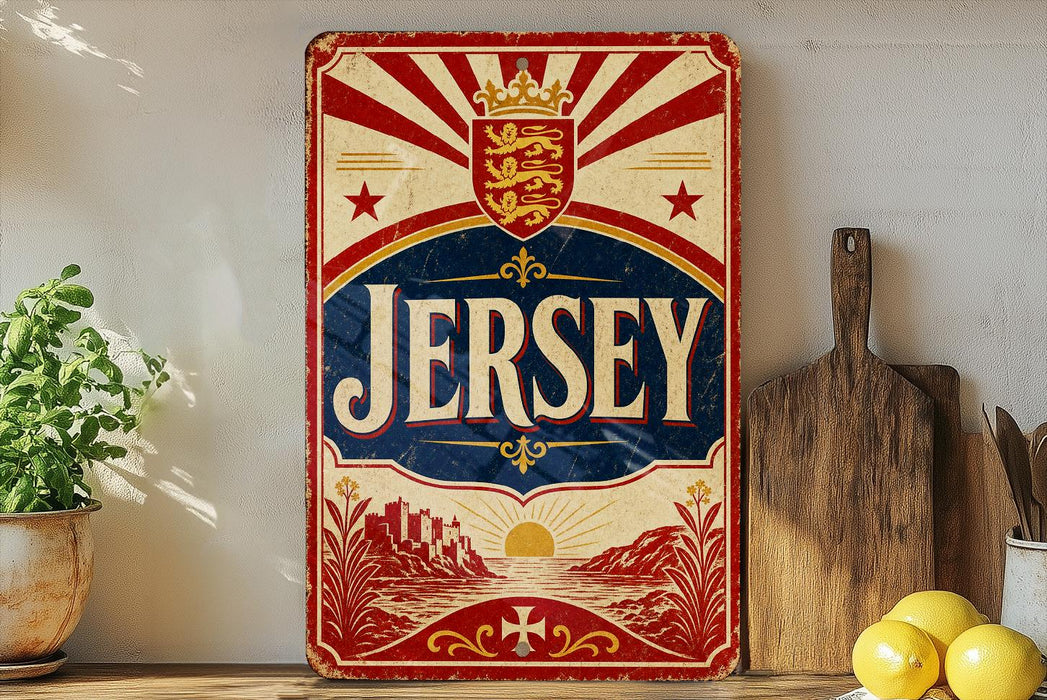 A vintage Jersey sign with a red and white design, featuring a crown and sunburst pattern, is displayed on a shelf next to a wooden cutting board and some lemons.