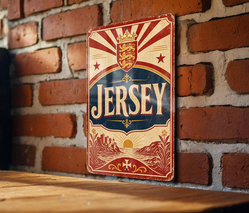 A vintage Jersey sign is displayed on a brick wall, featuring a red and gold design with a sunburst pattern and a coat of arms.