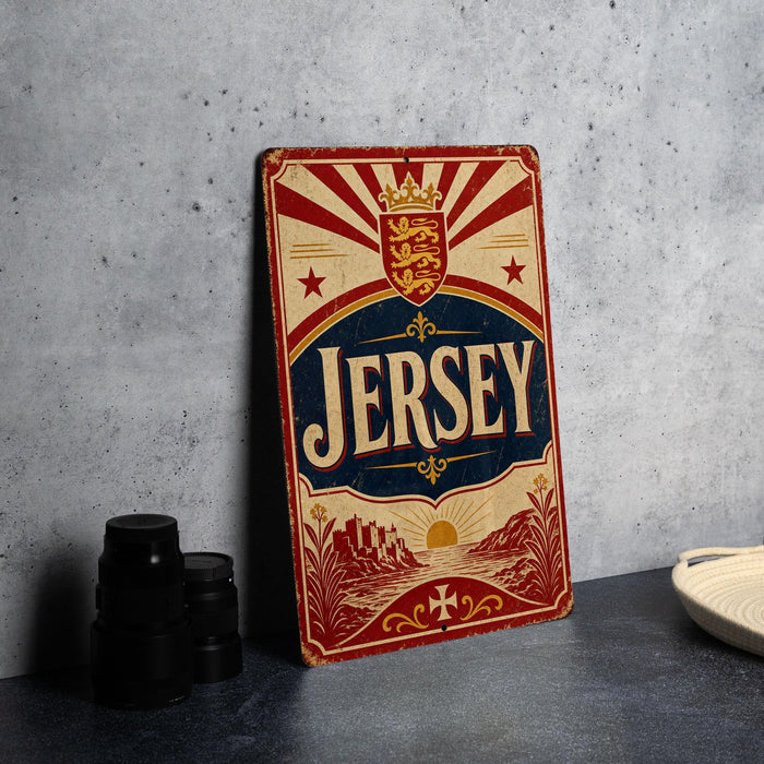 A vintage Jersey beer sign is displayed on a table, featuring a red and gold design with a crown and sun motif.