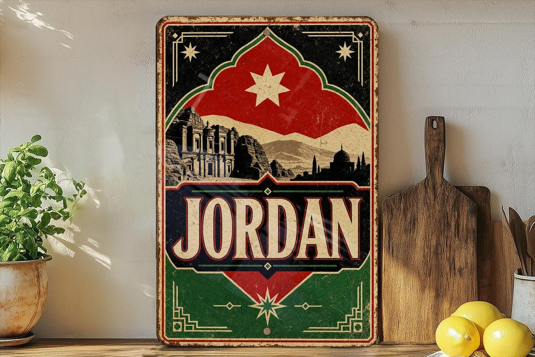 a vintage-style sign with the word "JORDAN" prominently displayed, along with a graphic of a building and mountains. The sign is placed on a shelf next to a wooden cutting board and a potted plant.