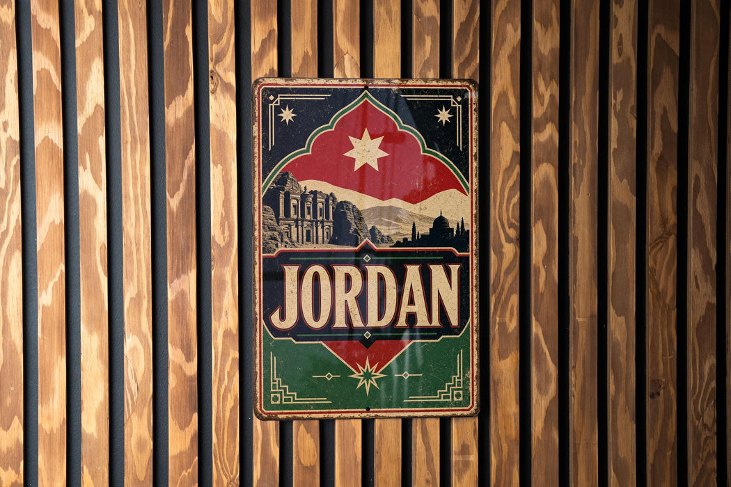 A vintage-style metal sign with the word "JORDAN" prominently displayed, featuring a stylized illustration of a city skyline and a star.