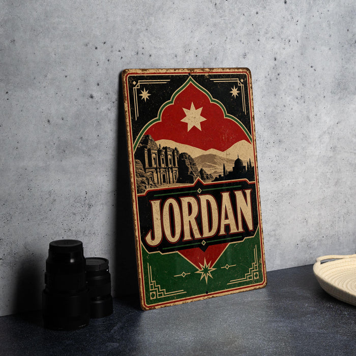 A vintage-style metal sign with the word "JORDAN" prominently displayed, featuring a silhouette of a building and mountains in the background.