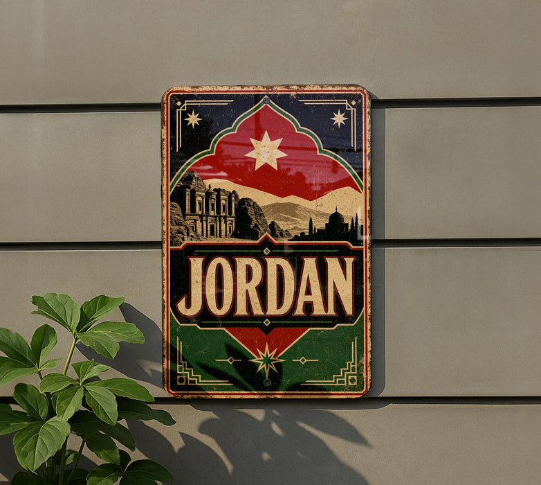 A vintage-style metal sign with the word "JORDAN" prominently displayed, featuring a decorative border and a star at the center. The sign is mounted on a gray wall, and there is a plant visible to the left of the sign.